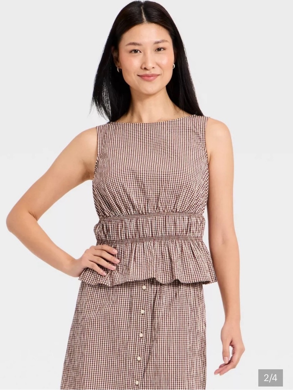 A NEW DAY size MEDIUM Seersucker Brown/White Peplum Hem Top & Skirt NEW! - Picture 2 of 15